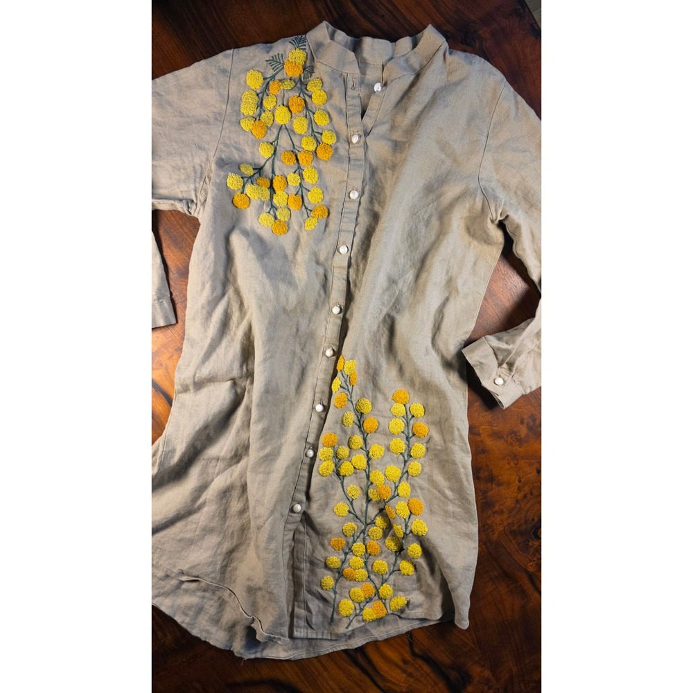 Linen Blend Mimosa Floral Embroidered Tunic Cottagecore Coastal Mini Dress